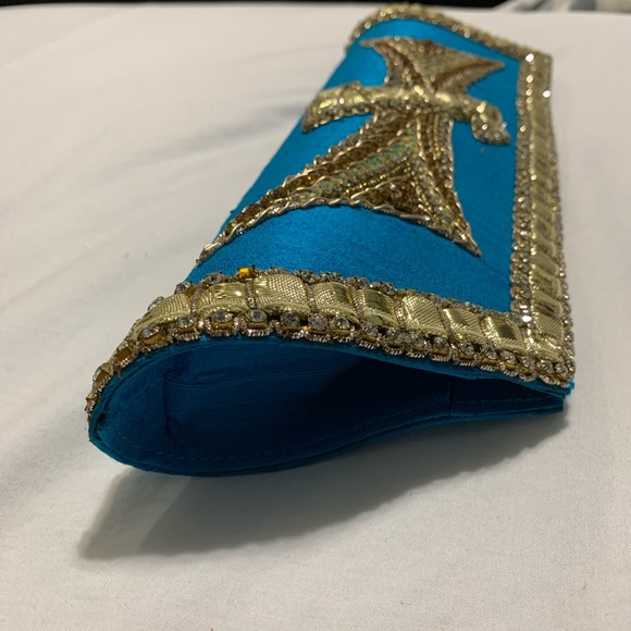 Blue & Gold South Asian Inspired Clutch- Raw Silk - Picture 6 of 12